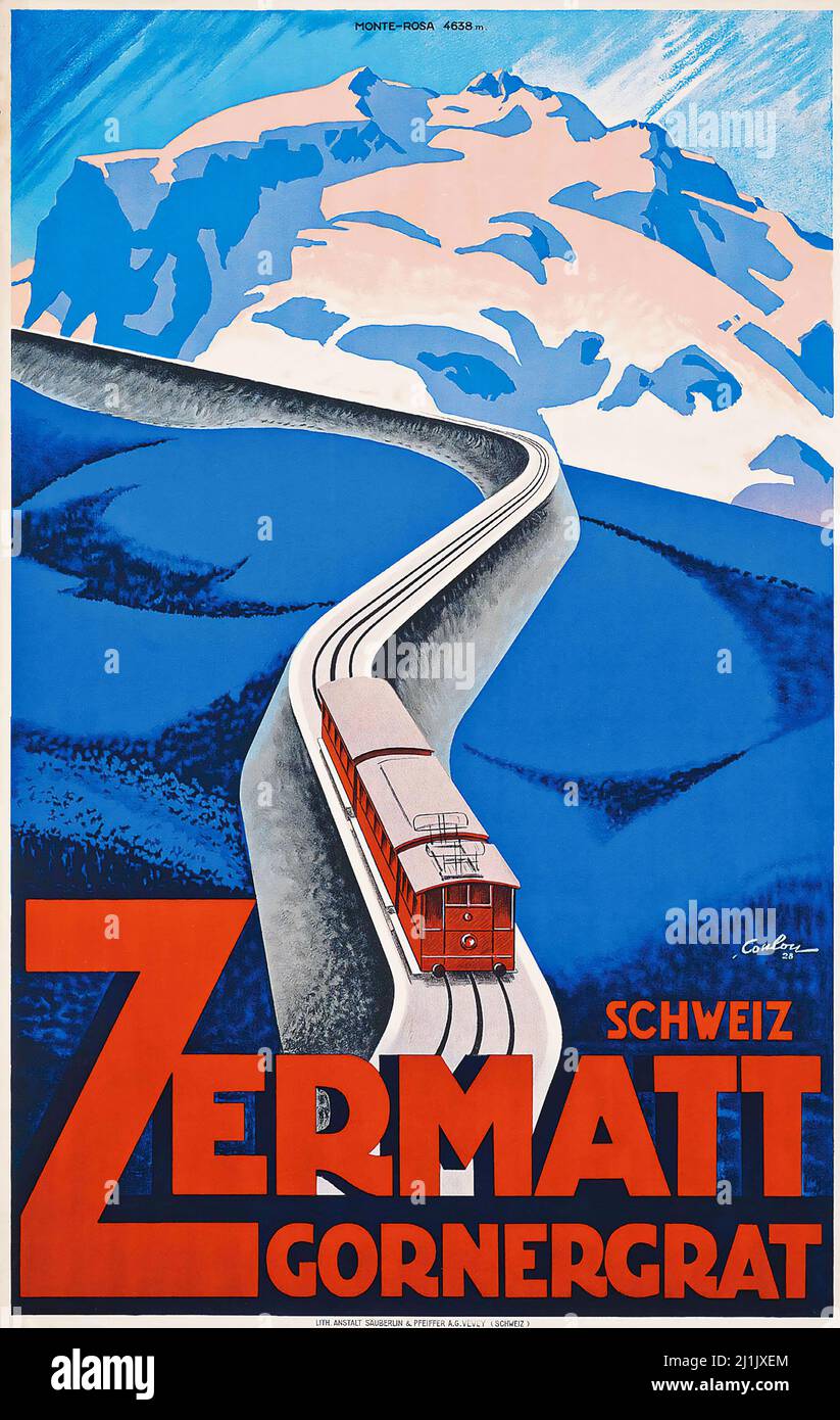 Affiche voyage vintage, sport d'hiver, ski - Schweiz, Suisse, Suisse, Suisse - Eric de Coulon - ZERMATT. Train de montagne. Chemin de fer Cliff. Banque D'Images