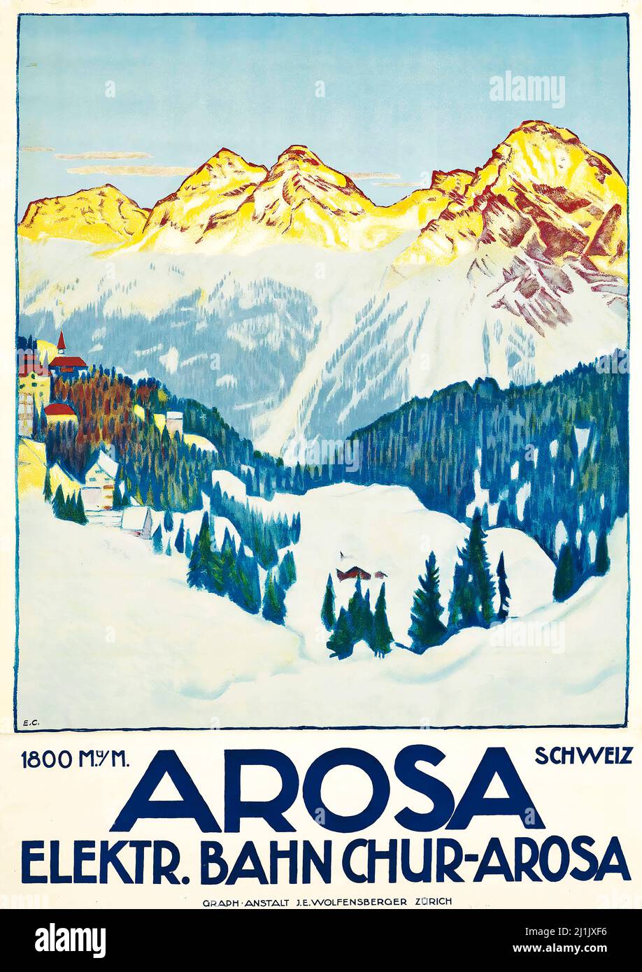 Affiche de voyage vintage, Sports d'hiver, ski - Illustration d'Emil Cardinaux (1877-1936) AROSA - Schweiz, Suisse, Suisse, affiche suisse Banque D'Images