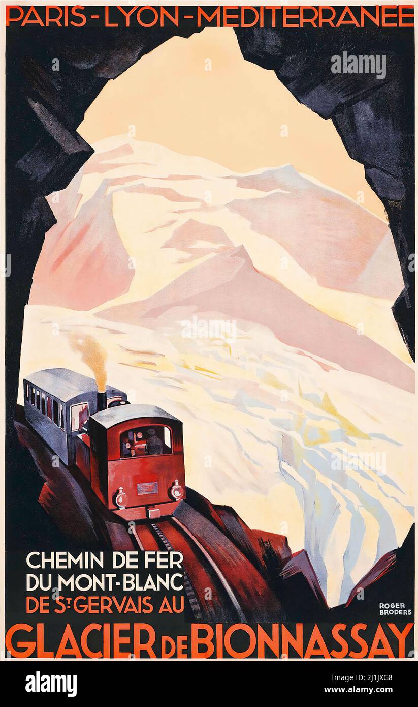 Affiche de voyage vintage, Sport d'hiver, ski - Roger broders - GLACIER DE BIONNASSAY (aiguille de BIONNASSAY). Affiche de voyage française. C 1930. Banque D'Images