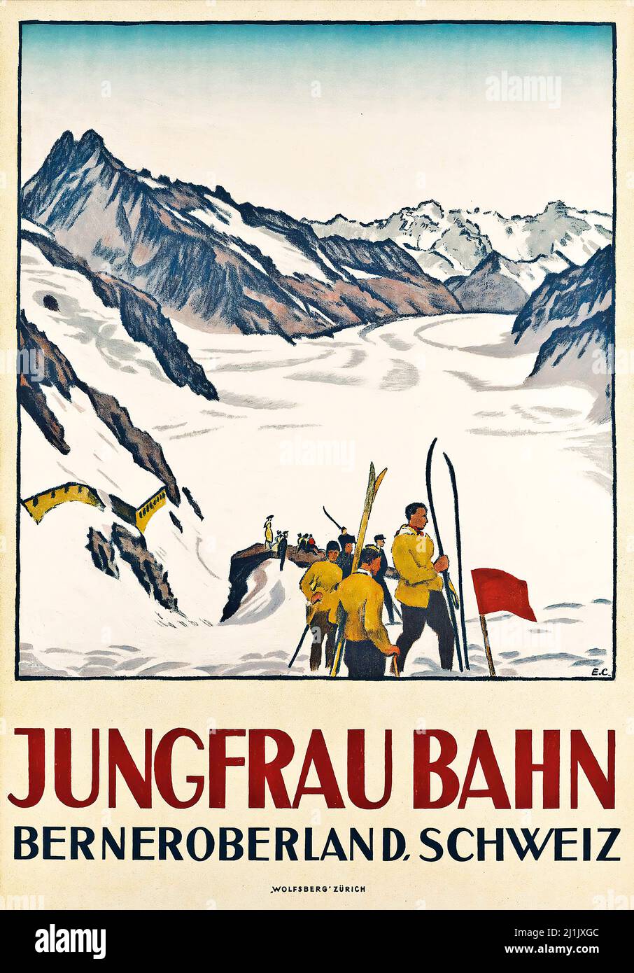 Affiche de voyage vintage, sport d'hiver, ski - Emil Cardinaux (1877-1936) JUNGFRAU BAHN, 1919. Banque D'Images