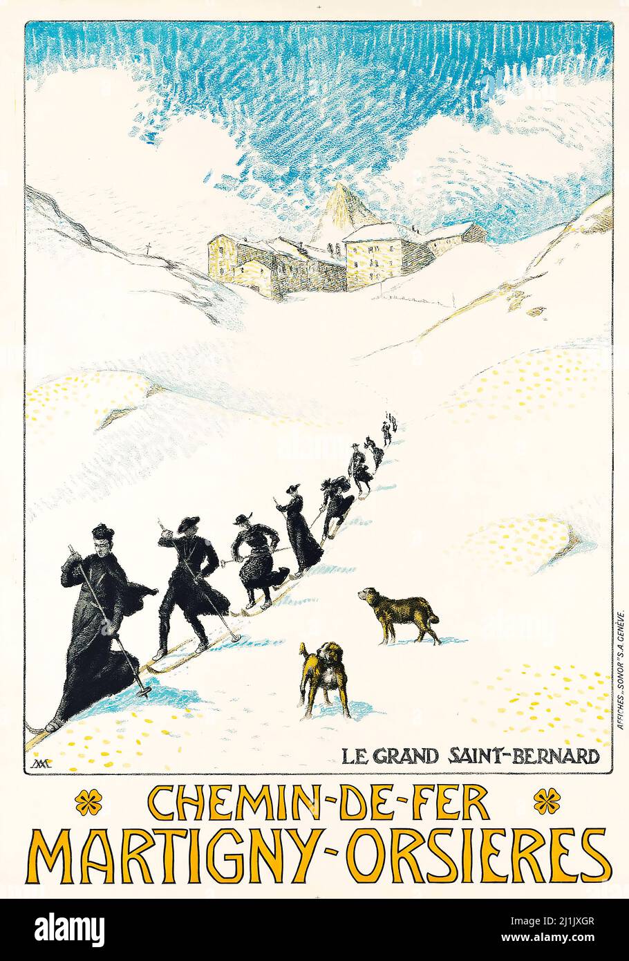 Affiche de voyage antique 1913. Sports d'hiver, ski - Albert Muret. CHEMIN-DE-fer, MARTIGNY-ORSIERES, le Grand Saint-Bernard. Banque D'Images