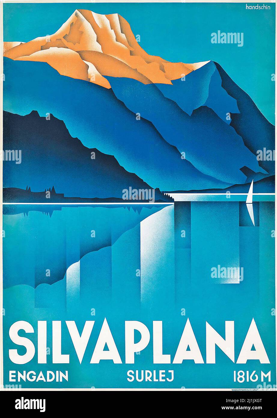 Affiche de voyage vintage, sport d'hiver, ski - Art de Johannes HANDSCHIN - SILVAPLANA - 1934. Engadin, Surlej. Suisse, Suisse. Banque D'Images