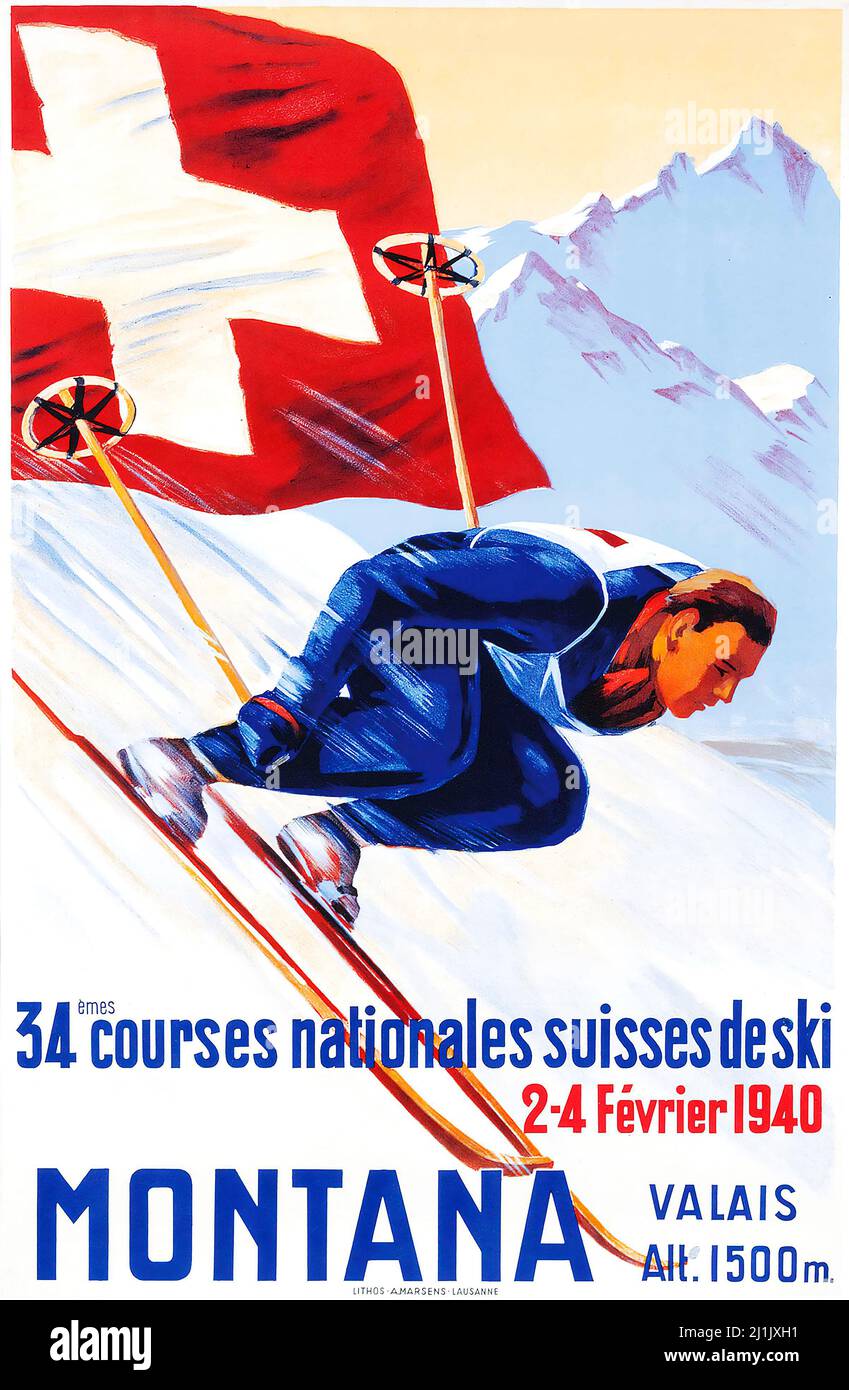 Affiche de voyage vintage, Sport d'hiver, ski - artiste anonyme. Montana, Valais. 1940. Schweiz, Suisse, Suisse, affiche suisse. Artiste inconnu. Banque D'Images