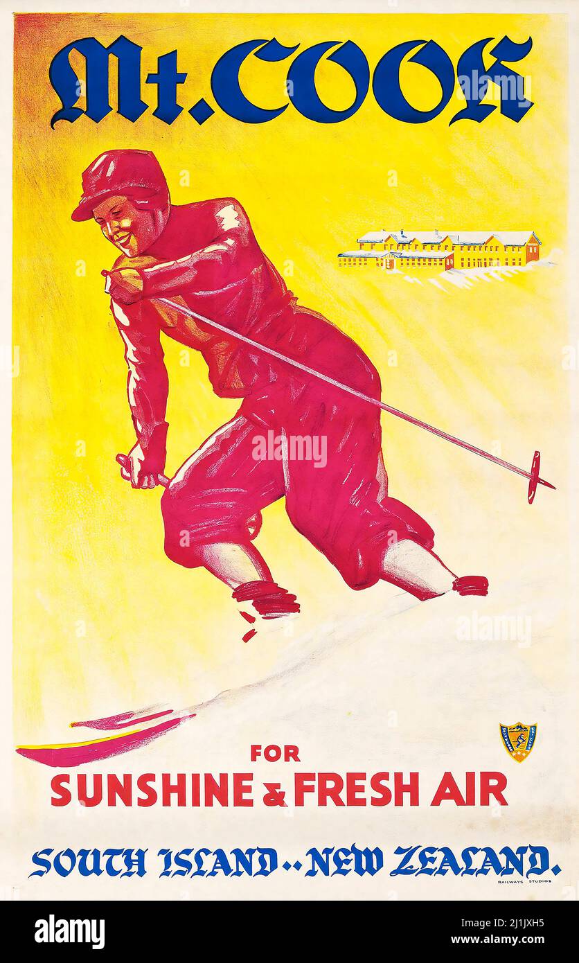 Affiche de voyage vintage, Sport d'hiver, ski - artiste anonyme. MT. COOK, NOUVELLE-ZÉLANDE - soleil et air frais. South Island. Artiste inconnu. Banque D'Images