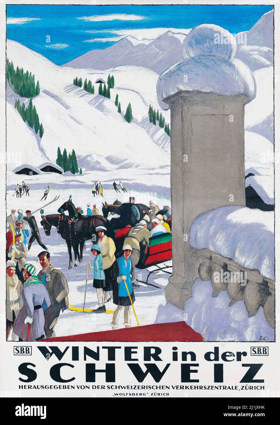 Affiche de voyage vintage, sport d'hiver, ski - hiver dans le der Schweiz - Emil Cardinaux (1877-1936), œuvre d'art, Suisse, Suisse, affiche suisse. 1921. Banque D'Images