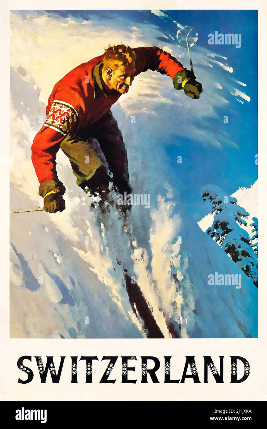 Affiche de voyage vintage, sport d'hiver, ski - artiste inconnu - Schweiz, Suisse, Suisse, affiche suisse Banque D'Images