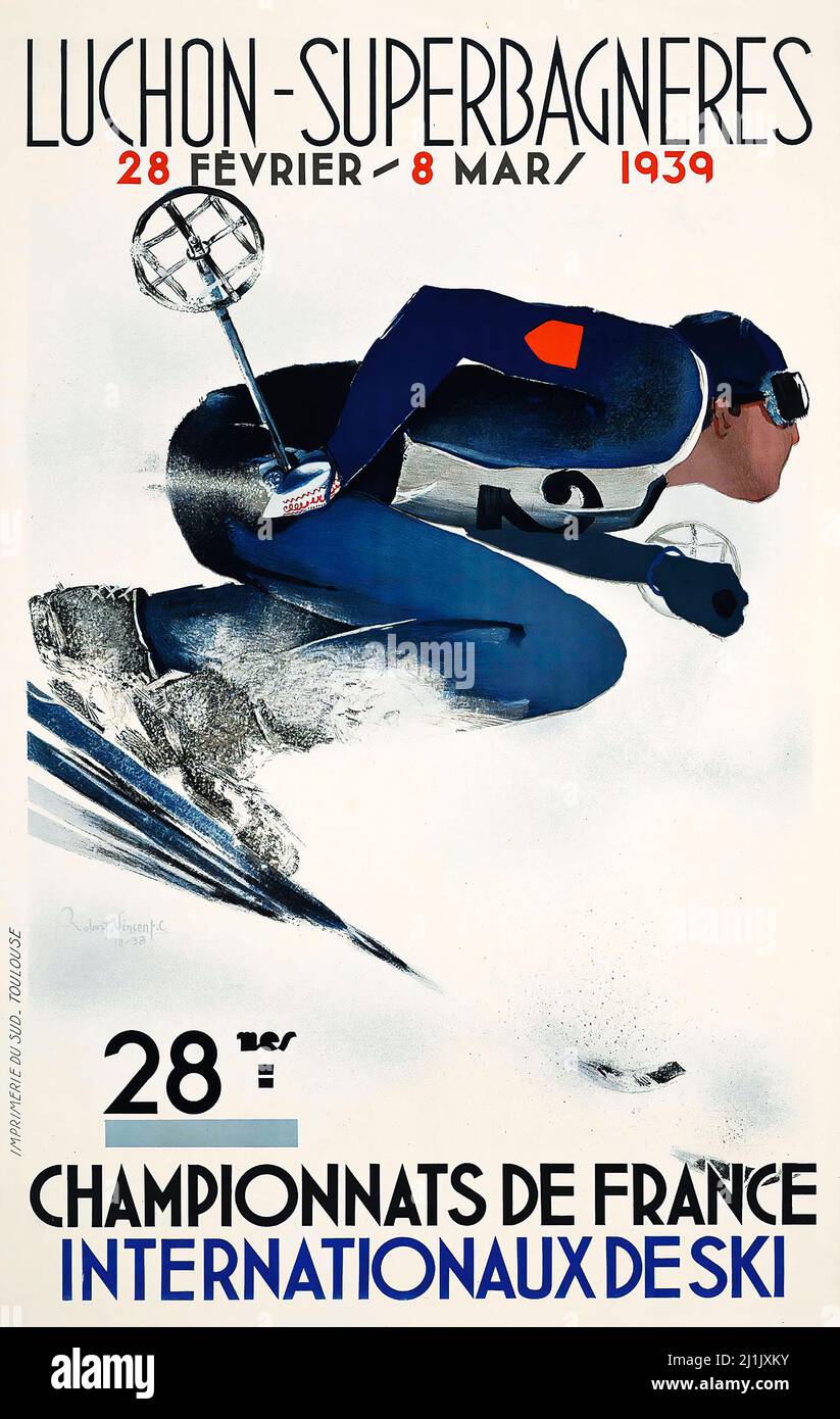 Affiche de voyage vintage, sport d'hiver, courses de ski - LUCHON-SUPERBAGNERES 1938. Championnats de France 1939. Internationaux de ski. Banque D'Images