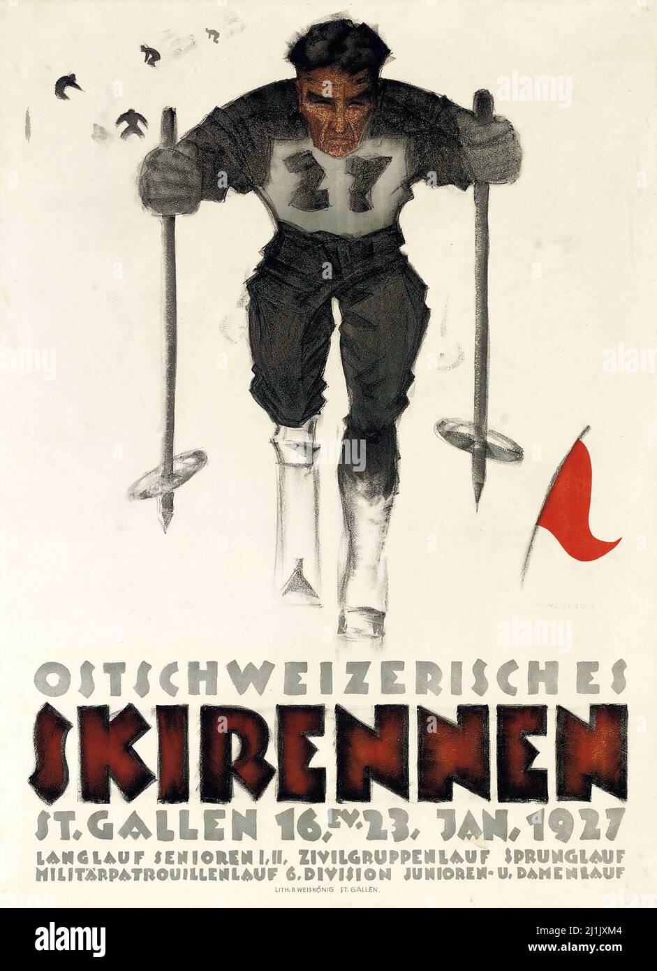 Affiche de voyage vintage, sport d'hiver, ski - SKIRENNEN, Saint-Gall, 1927. Schweiz, Suisse, Suisse, affiche suisse. Banque D'Images