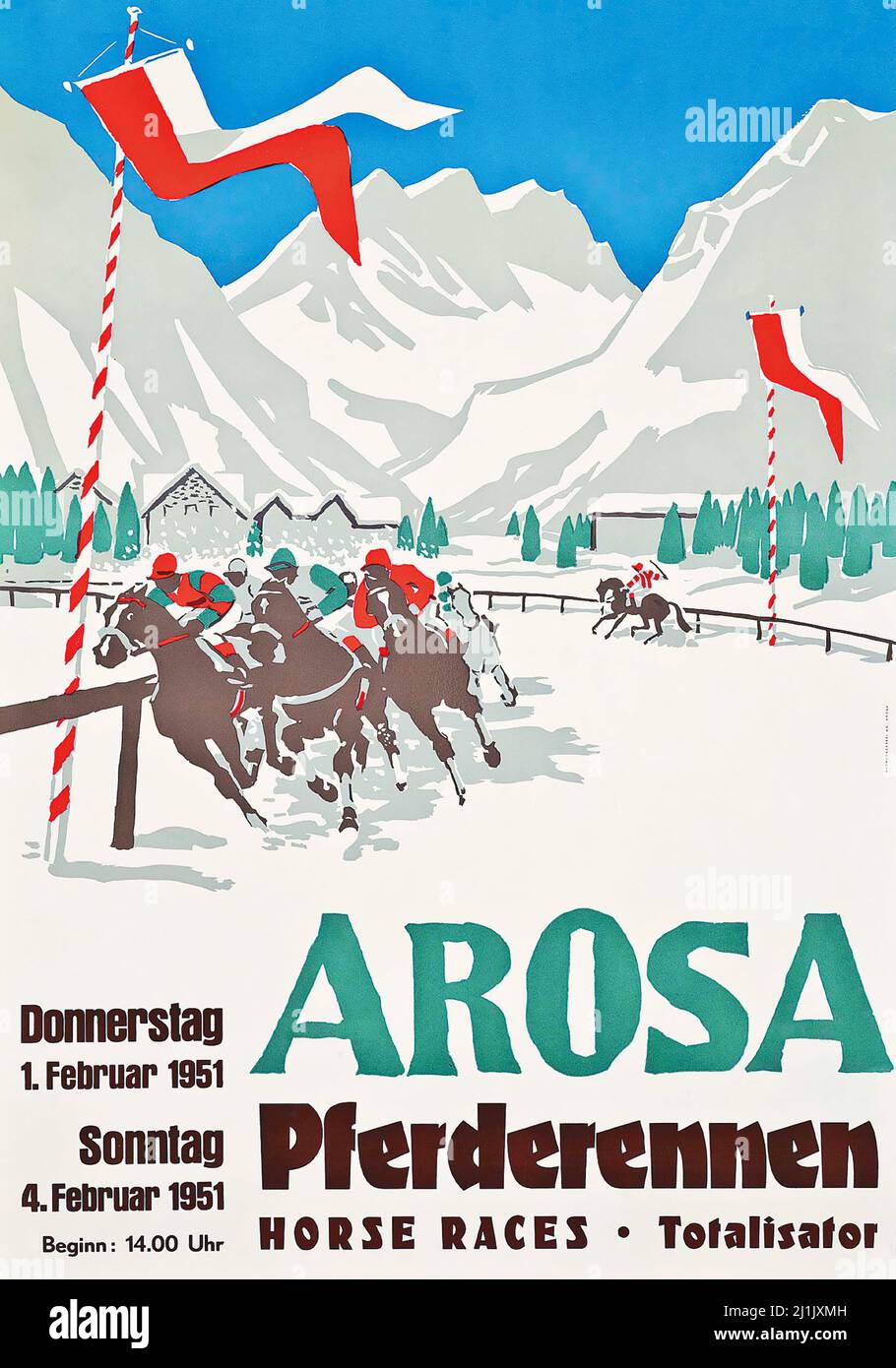 Affiche de voyage vintage AROSA PFERDERENNEN course de chevaux. 1951. Artiste anonyme. Banque D'Images