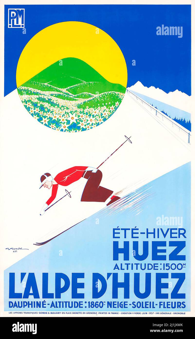 Affiche de voyage vintage, Sport d'hiver, ski. L'ALPE d'HUEZ - alpes françaises. 1937. PLM. Artiste anonyme. Banque D'Images