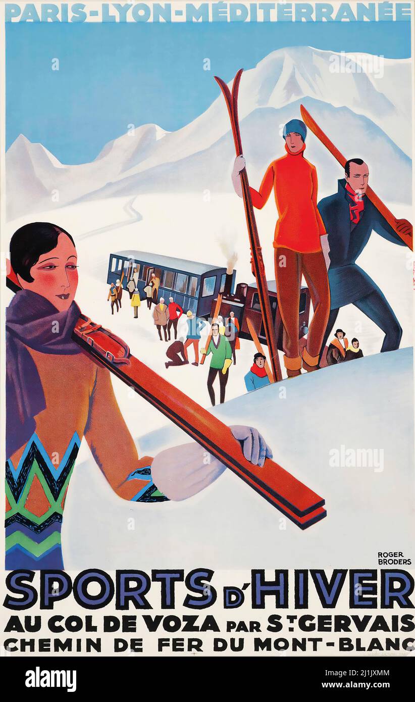 Affiche de voyage vintage, sport d'hiver, ski - Roger BRODERERS, SPORTS d'HIVER, au Col de Voza par St. Gervais. Affiche de voyage en français. C 1930. Banque D'Images
