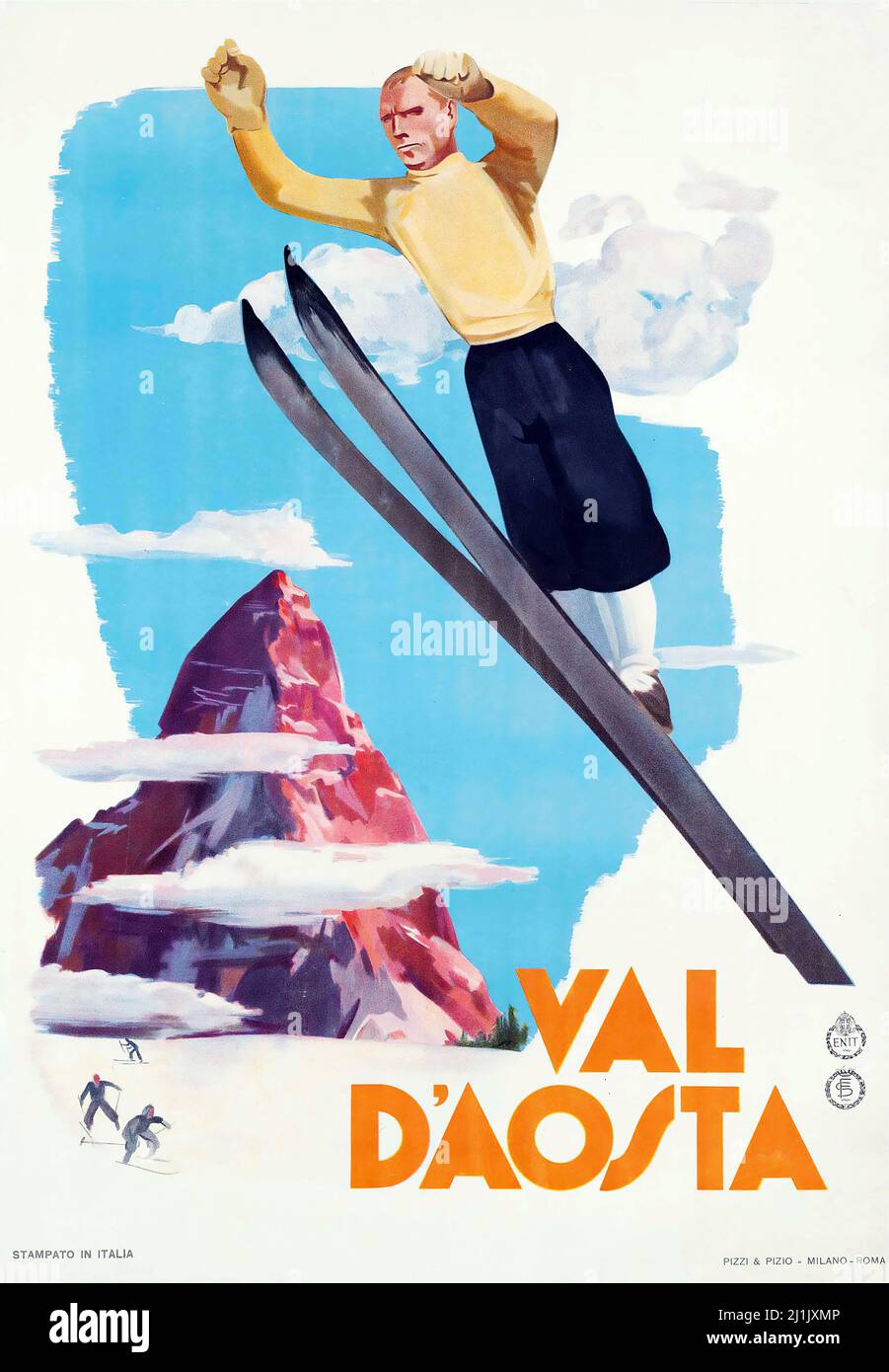 Affiche de voyage vintage, sport d'hiver, ski - artiste anonyme. Val d'Aoste. Vallée d'Aoste. Imprimé par Pizzi & Pizio, Milan. Banque D'Images