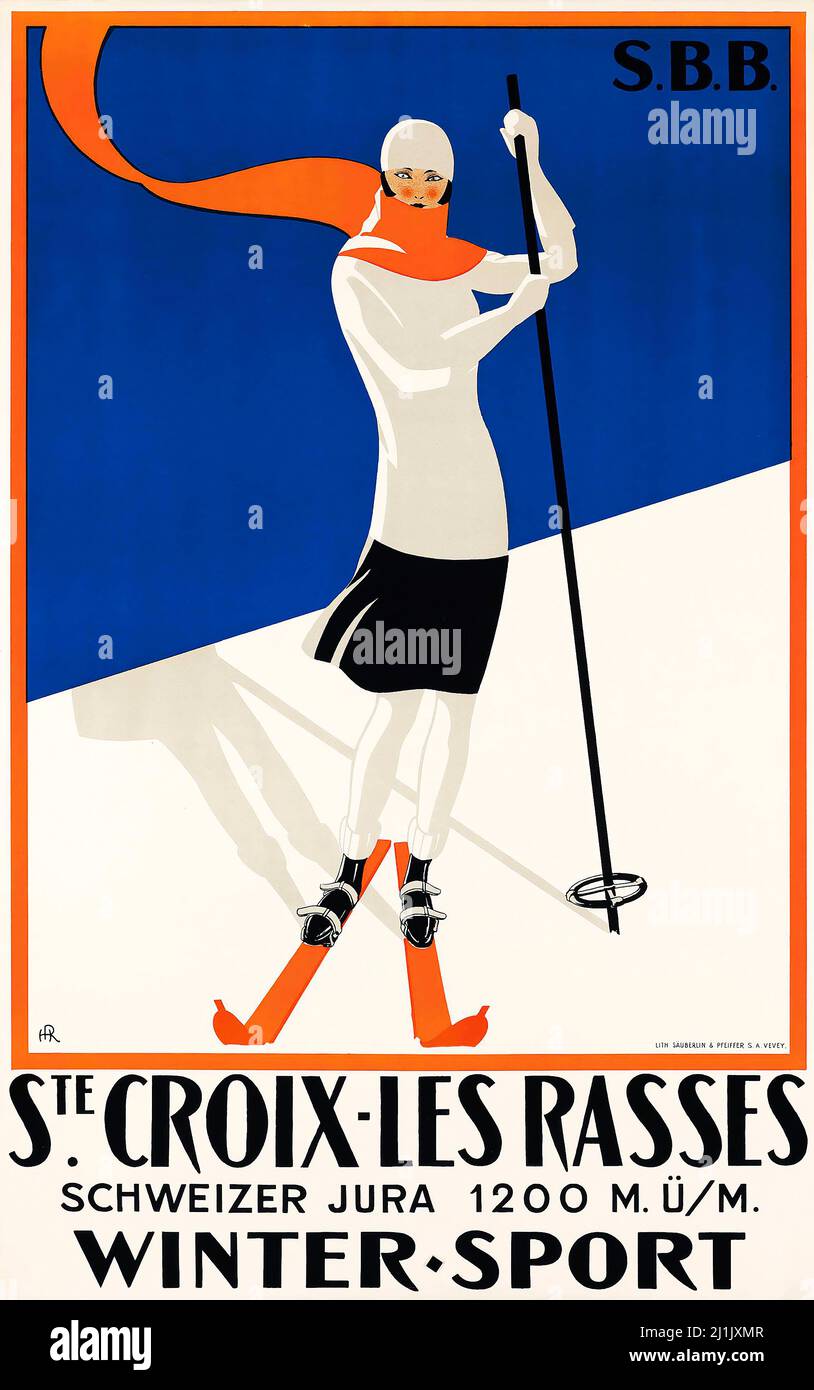 Affiche de voyage vintage, sport d'hiver, ski - arwork de H. R. - STE. CROIX - LES RASSES, 1922. Schweiz, Suisse, Suisse, affiche suisse. Banque D'Images