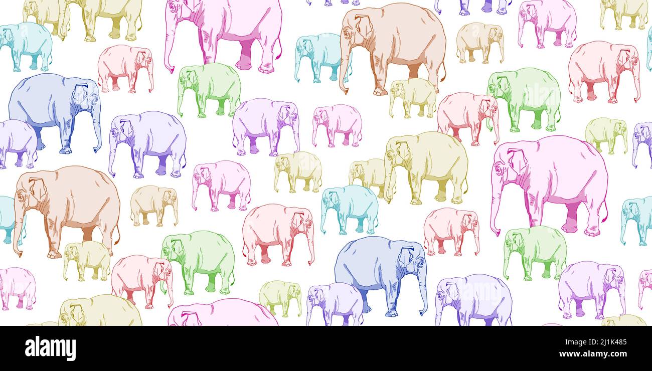 Un joli troupeau d'éléphants colorés. Motif sans couture des éléphants blancs pour adultes et enfants. Illustration vectorielle dessinée à la main pour des tirages, des vêtements, du texte pour bébé Illustration de Vecteur