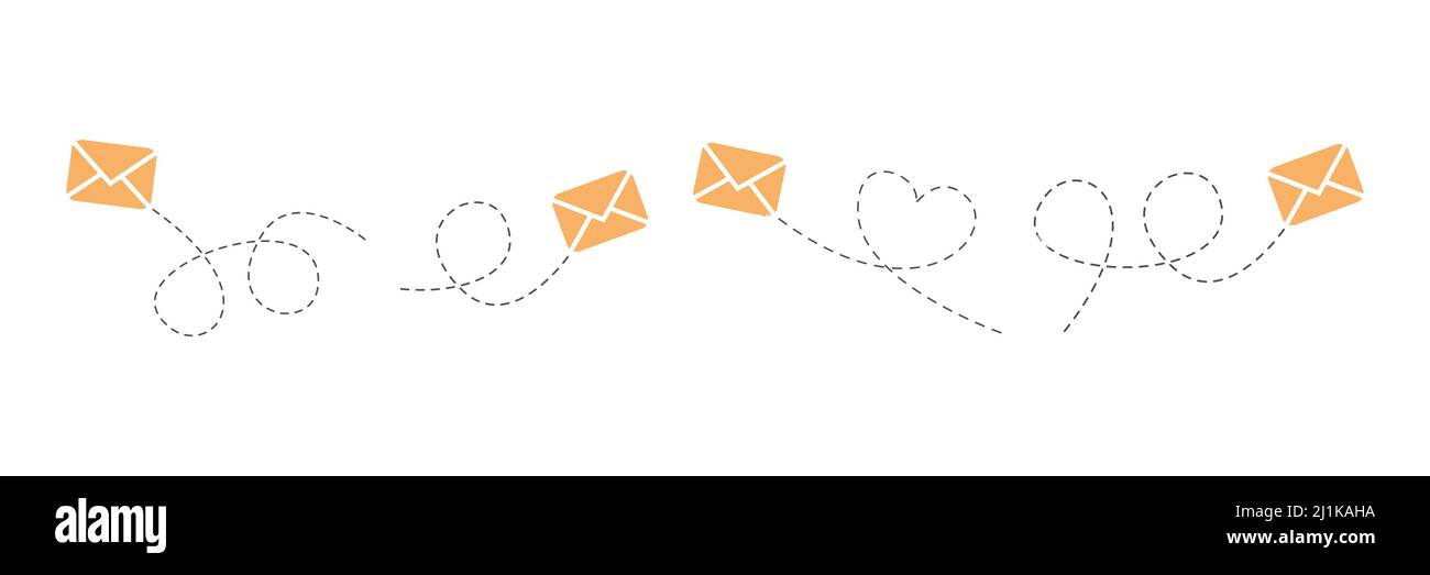 Enveloppe avec ligne pointillée définie. Groupe de courrier volant. Envoi d'une collection linéaire de messages. Vecteur isolé sur blanc Illustration de Vecteur