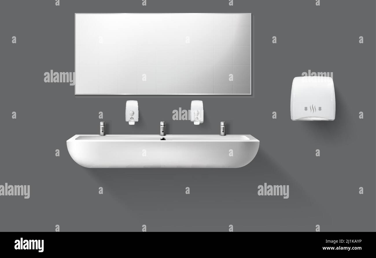 toilettes publiques avec lavabo en céramique blanche et miroir. Accessoires Vector Realistic pour toilettes intérieures avec lavabo et sèche-mains isolés sur des éléments gris Illustration de Vecteur