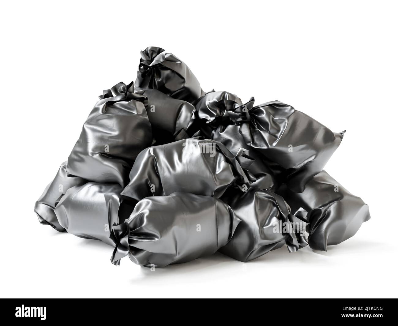 Pile de sacs à ordures en plastique noir sur fond blanc Banque D'Images