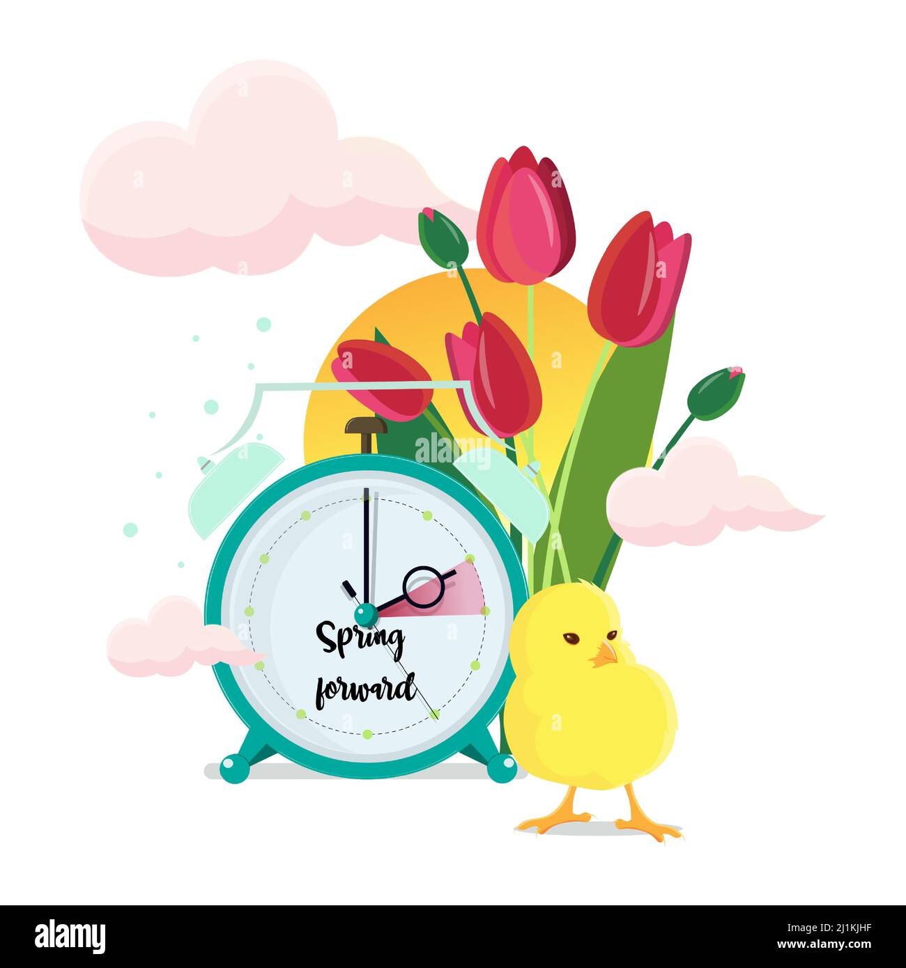 Heure d'été. Les horloges se déplacent vers l'avant. Tulipes et poulet près de l'horloge. Concept de changement d'horloge de printemps. Illustration vectorielle. Illustration de Vecteur