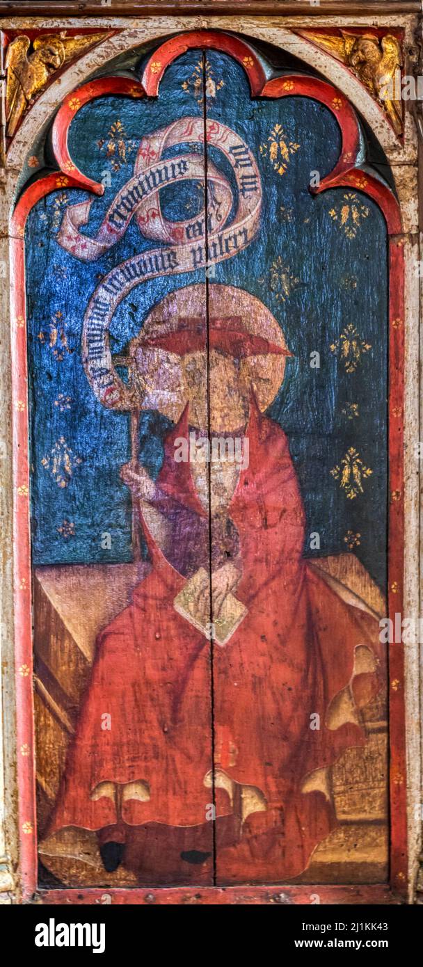 Peinture de Saint-Jérôme sur la chaire du 15th siècle de l'église Saint-Jacques au château d'Acre, Norfolk. Banque D'Images