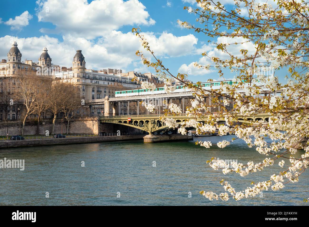 Trafic aérien du métro sur le pont Bir-Hakeim avec cerisier en pleine floraison - Paris Banque D'Images