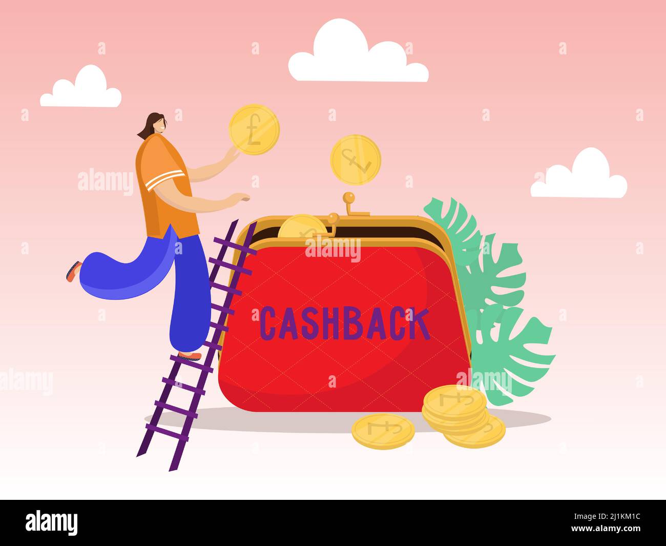 Une femme monte sur une échelle pour mettre des pièces de monnaie en cashback dans un portefeuille rouge. Illustration vectorielle abstraite. Illustration de Vecteur