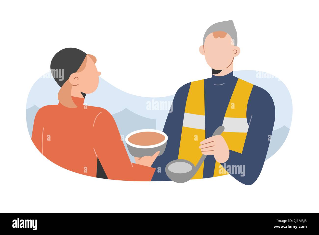 Jeune homme bénévole, servant des repas chauds, soupe avec une cuillère, volontaire portant un gilet réfléchissant aidant les réfugiés, travail de charité, vecteur modifiable Illustration de Vecteur