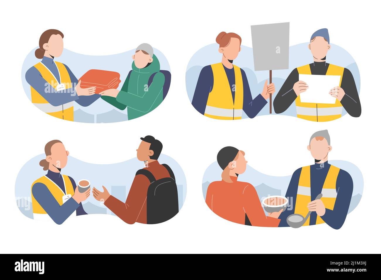 Bénévoles aidant les réfugiés, servant de la nourriture, donner des couvertures, préparer des repas chauds, les gens se portent volontaires, porter des gilets de sécurité, des badges Illustration de Vecteur