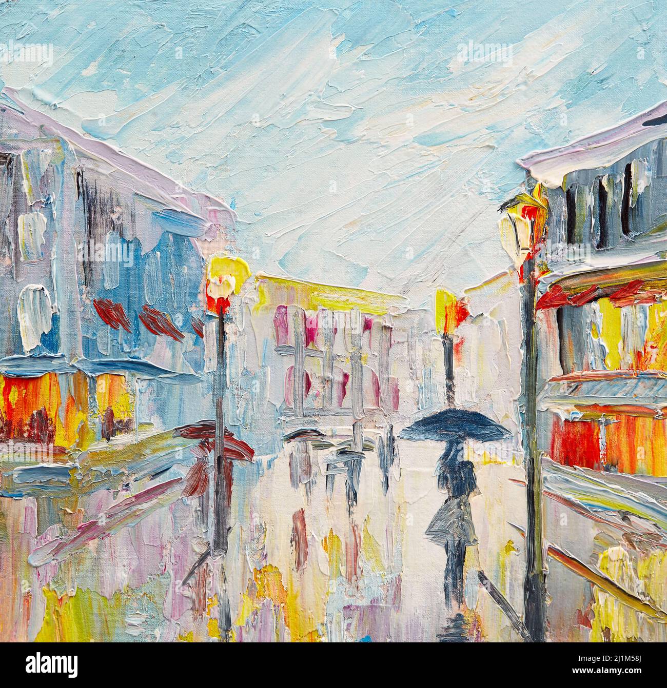 peinture à l'huile, couple d'amoureux sous un parapluie, marchant dans la rue Banque D'Images