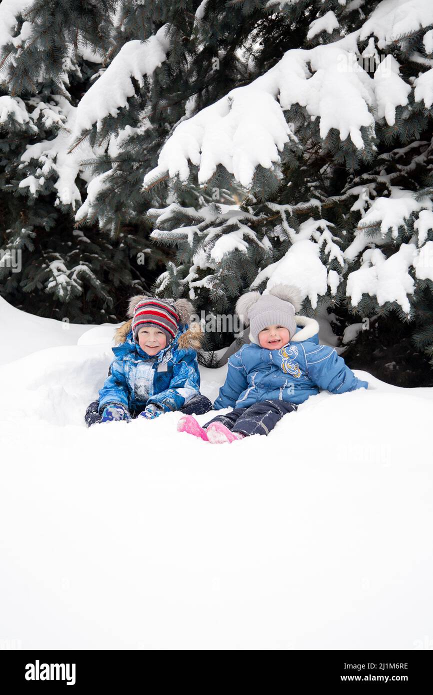 Les enfants jouent dans la neige sur fond de sapins enneigés Banque D'Images