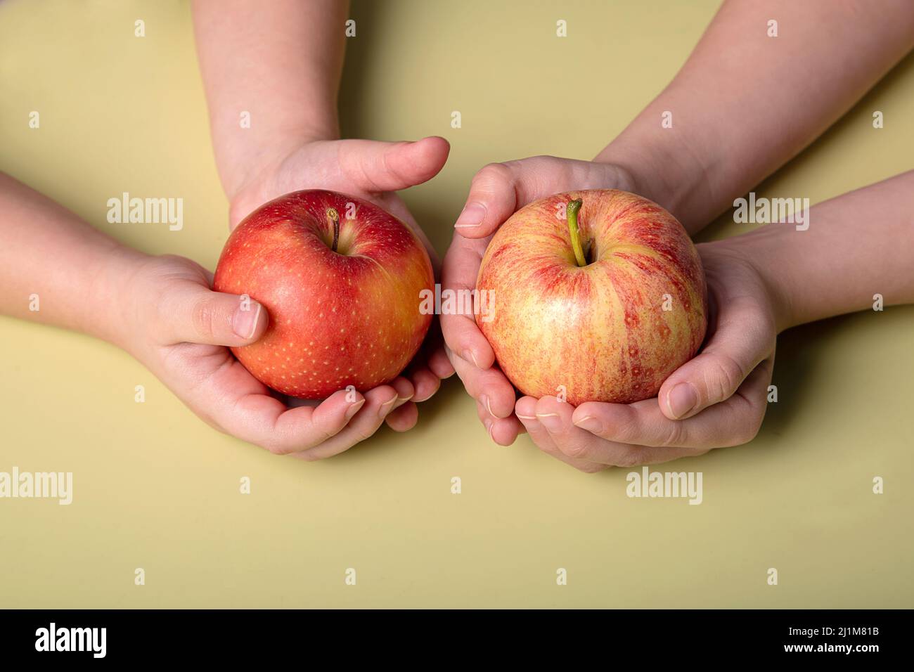 des pommes juteuses, fraîches et rouges dans les mains d'un enfant Banque D'Images
