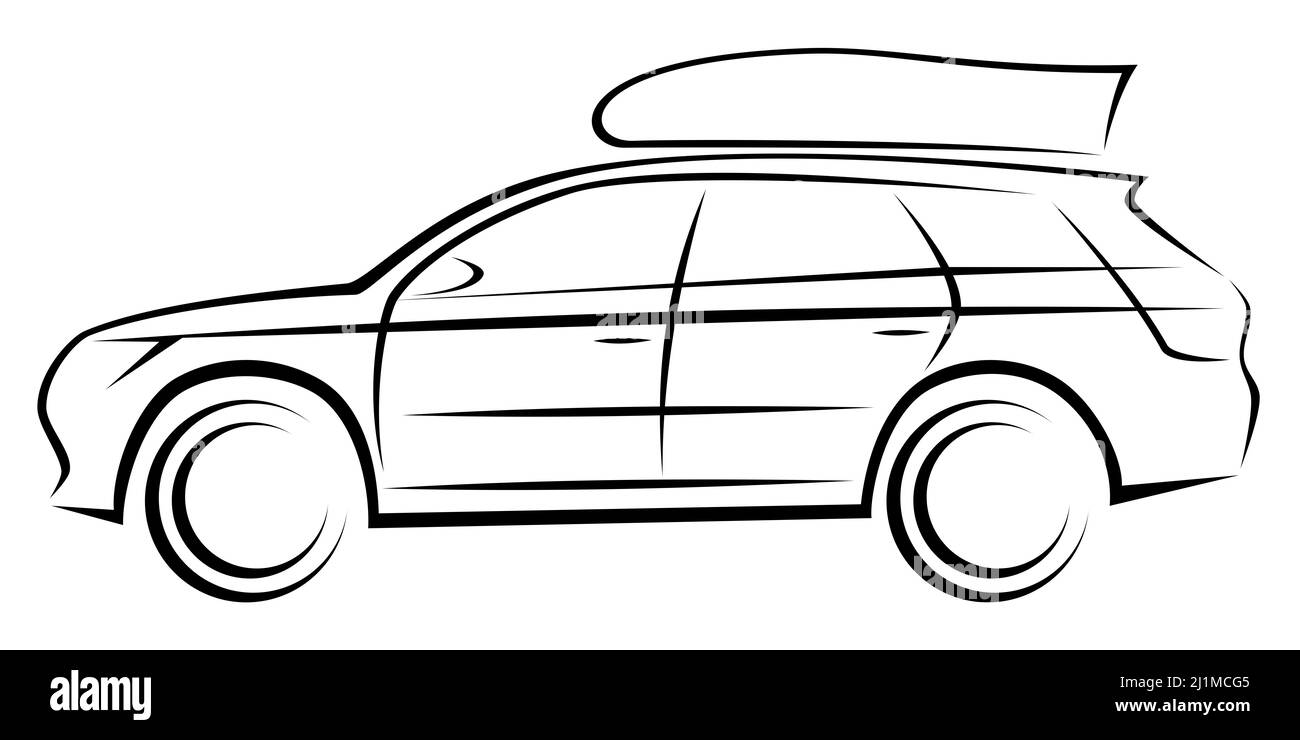 Illustration vectorielle d'un SUV ou d'une break avec caisson de toit pour plus d'espace pour les voyages et les aventures Banque D'Images