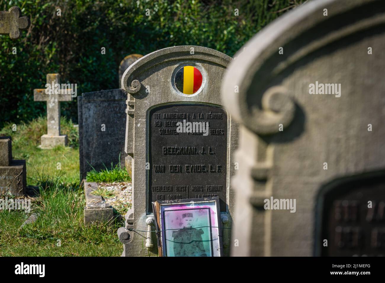 La Grande Guerre ou WW1, tombes de soldats belges tombés et souvenirs au Vieux cimetière sur le commun à Southampton, Hampshire, Angleterre, Royaume-Uni Banque D'Images