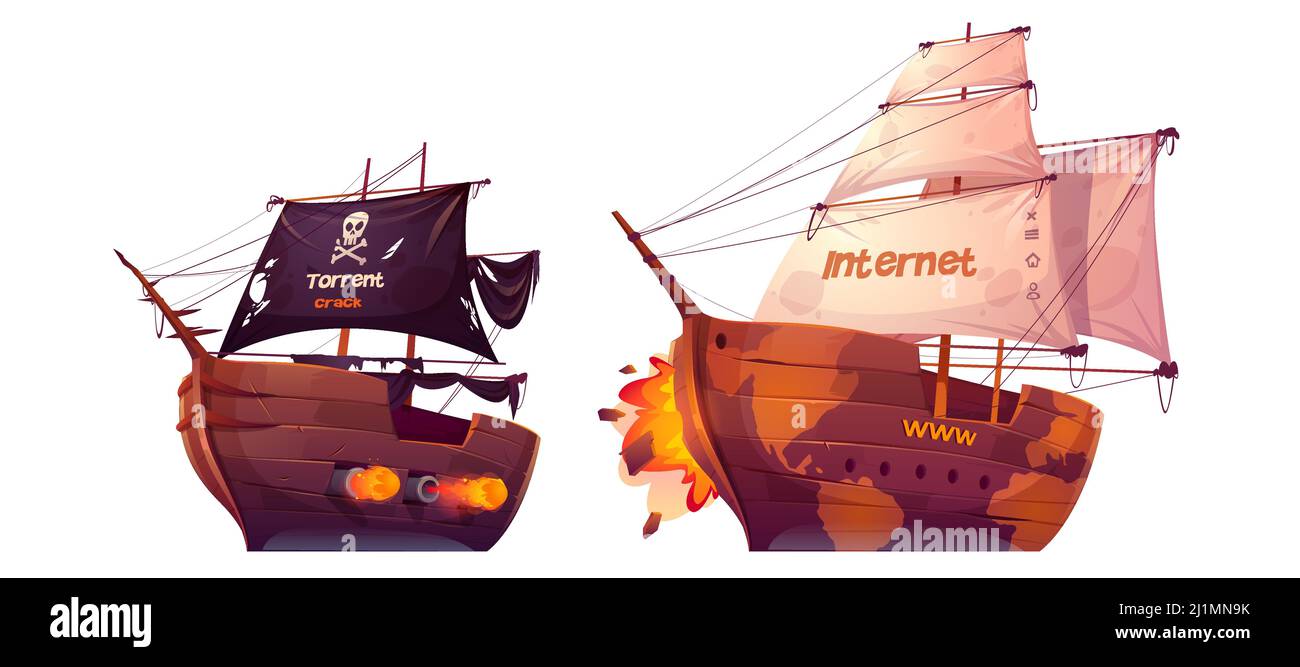 Bataille entre torrent et Internet. Le bateau pirate de dessin animé vectoriel attaque le bateau à voile isolé sur fond blanc. Concept de lutte entre les webs d'ordinateur Illustration de Vecteur