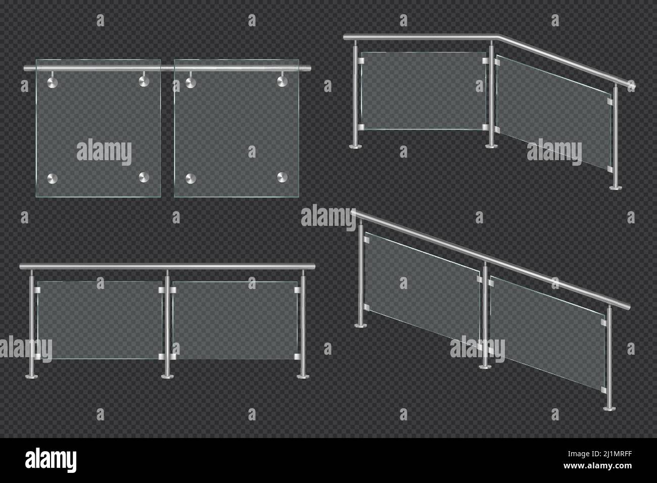 Balustrade en verre avec avant de la rampe en fer et vue en angle. Maquette réaliste de vecteur de différentes sections de clôture en acrylique transparent avec rail en métal isol Illustration de Vecteur
