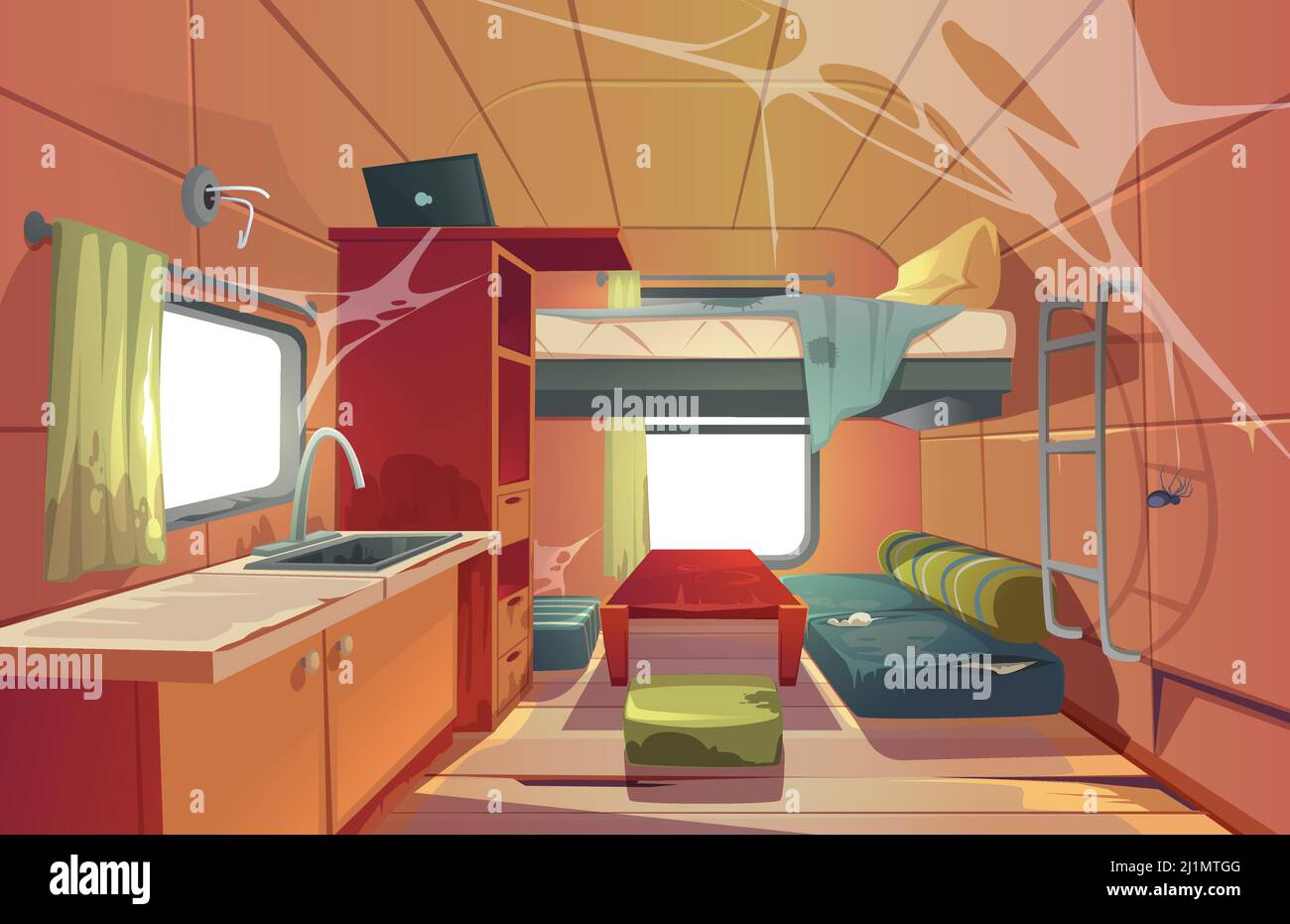 Intérieur de camping-car abandonné avec lit loft, canapé-lit, évier de cuisine, bureau avec ordinateur portable, étagère et fenêtre couverte de toile d'araignée. NEGL Illustration de Vecteur