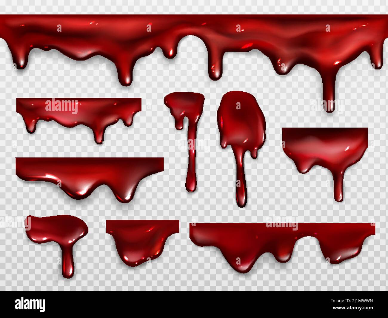 Goutte de sang, de peinture rouge ou de ketchup. Décoration effrayante pour Halloween ou motif horreur. Vecteur jeu réaliste de gouttes brillantes et écoulement de minerai liquide, sirop Illustration de Vecteur