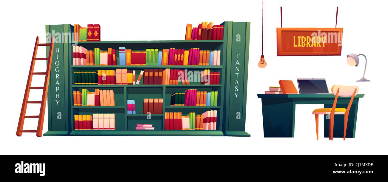 Bibliothèque avec livres sur étagères et ordinateur portable sur table. Illustration vectorielle de l'école, de l'université ou de la bibliothèque publique ou du magasin avec bibliothèque, bureau pour Illustration de Vecteur