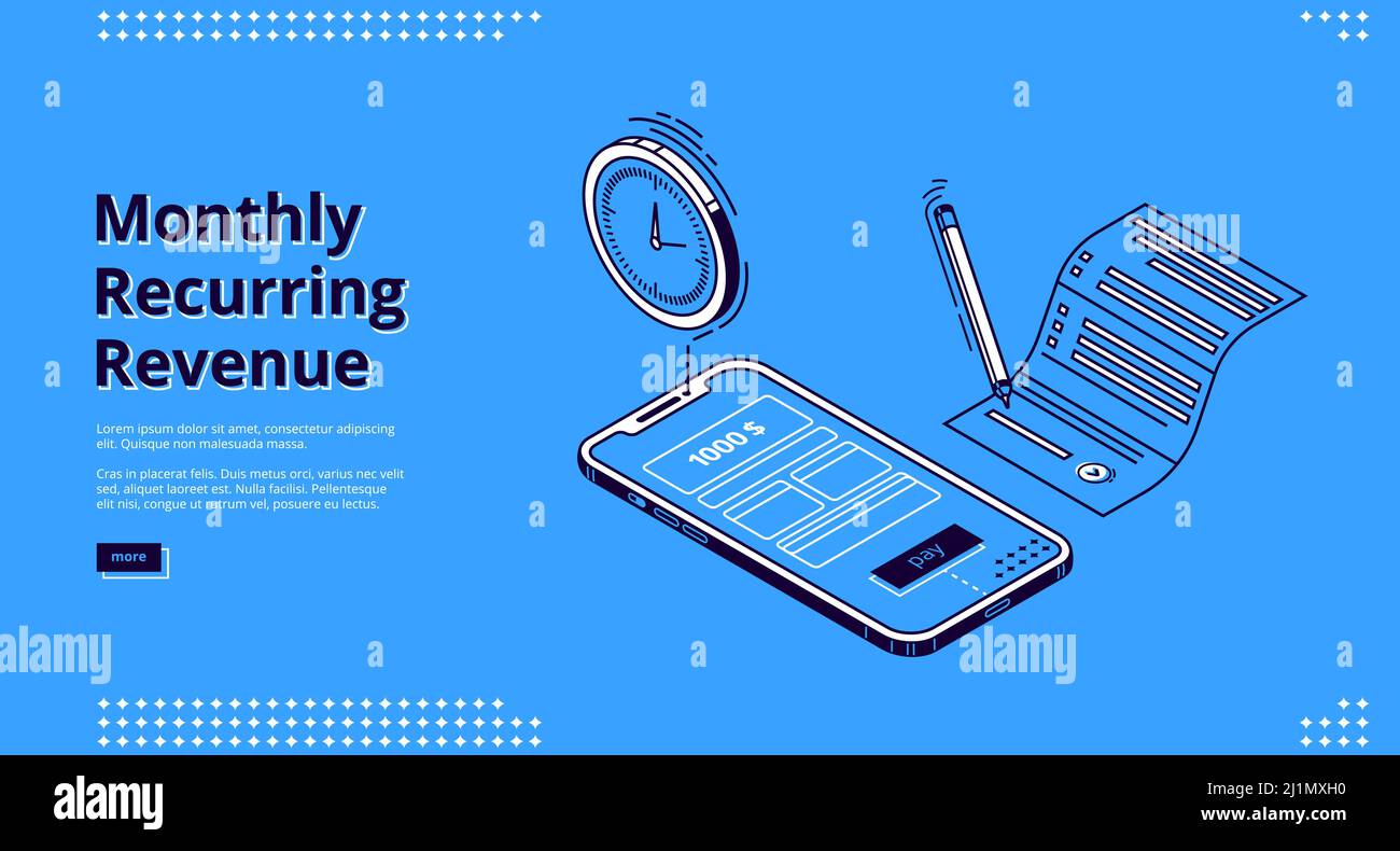 Bannière mensuelle de revenus récurrents. Rémunération et paiements fixes, concept MRR. Page d'arrivée vectorielle de revenu récurrent avec icônes isométriques de factures sur s. Illustration de Vecteur
