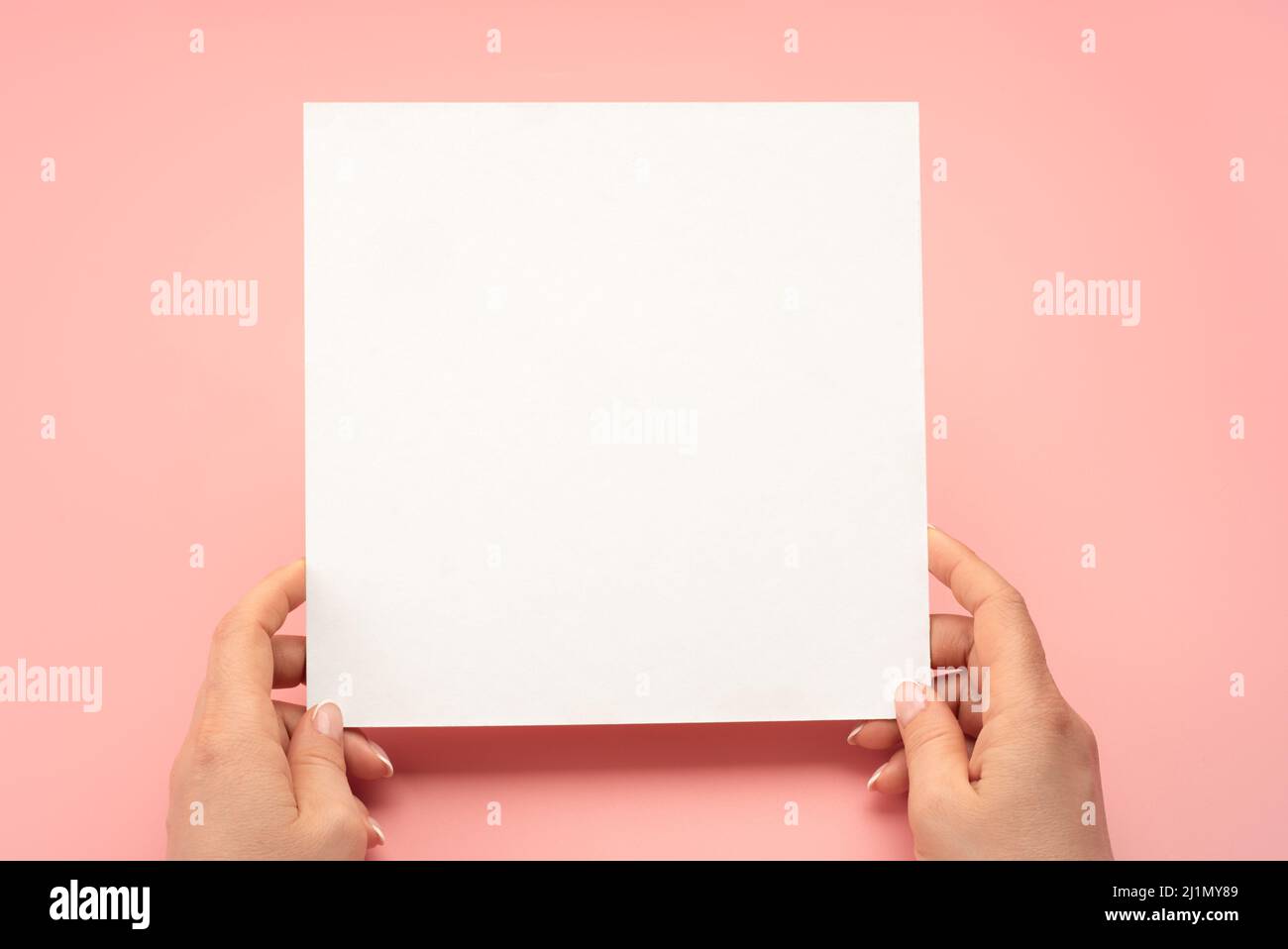 Prise de vue en hauteur de mains de femme tenant une feuille de papier vierge carrée sur une table rose. Femme mains avec maquette feuille de papier vide sur fond pastel. Les mains se sont hsocial Banque D'Images