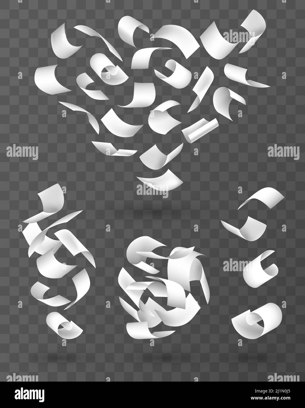 Jeu de papiers volants. Chaos tombant et volant de feuilles blanches vides groupes, notes dispersées avec des coins de pages incurvés, maquette de document isolée sur transpare Illustration de Vecteur