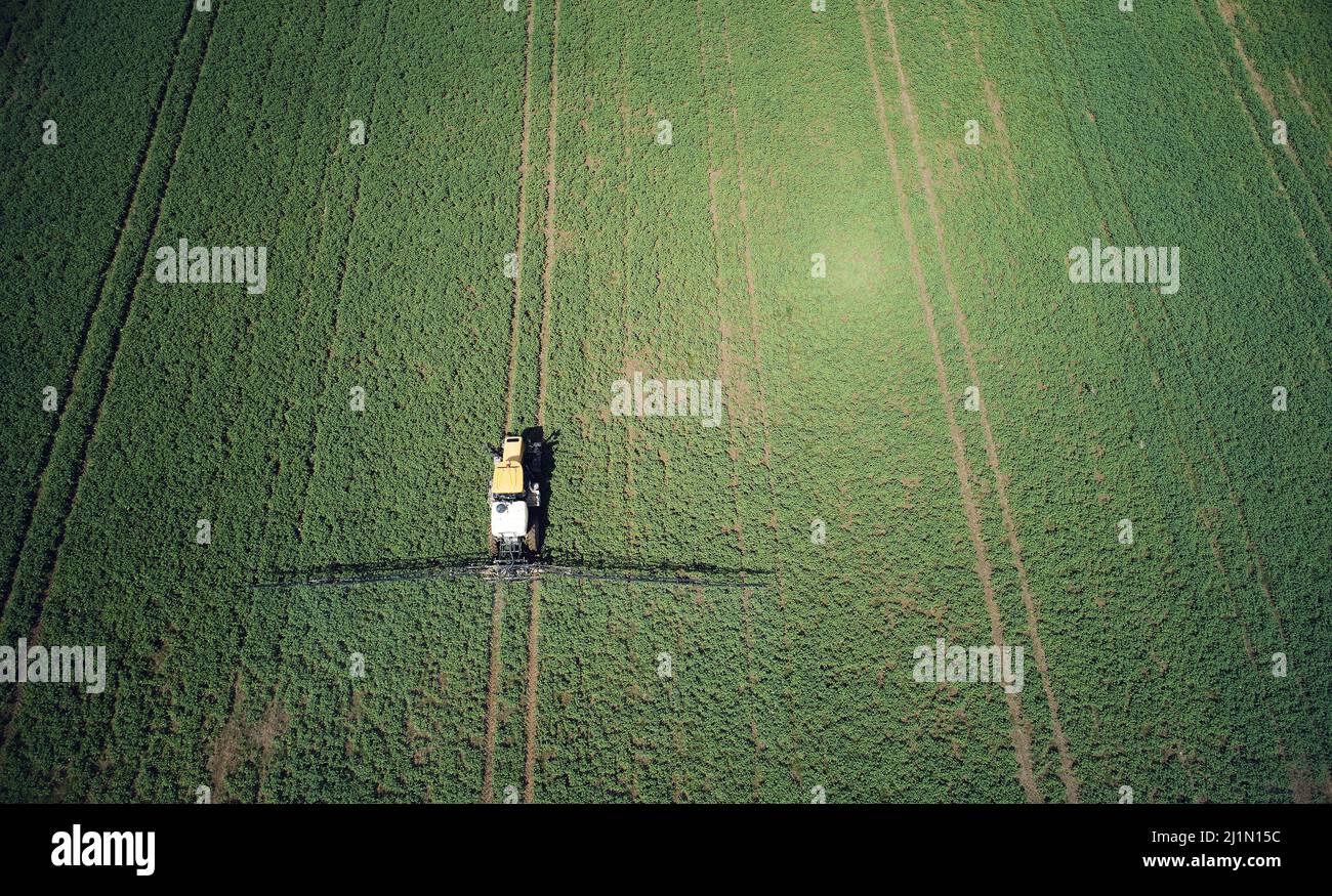 Utiliser les pesticides sur le thème du champ agricole. Le tracteur applique du produit chimique dans l'herbe au-dessus de la vue de dessus Banque D'Images