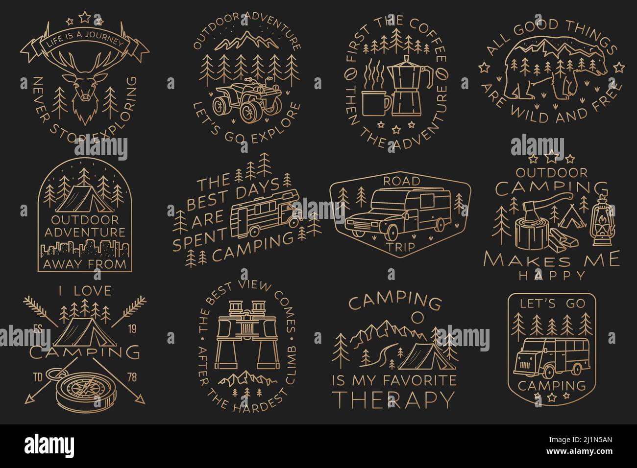 Ensemble de badges de camping, patchs. Illustration vectorielle. Concept pour chemise ou logo, imprimé, timbre ou tee-shirt. Design vintage avec RV Motorhome Illustration de Vecteur