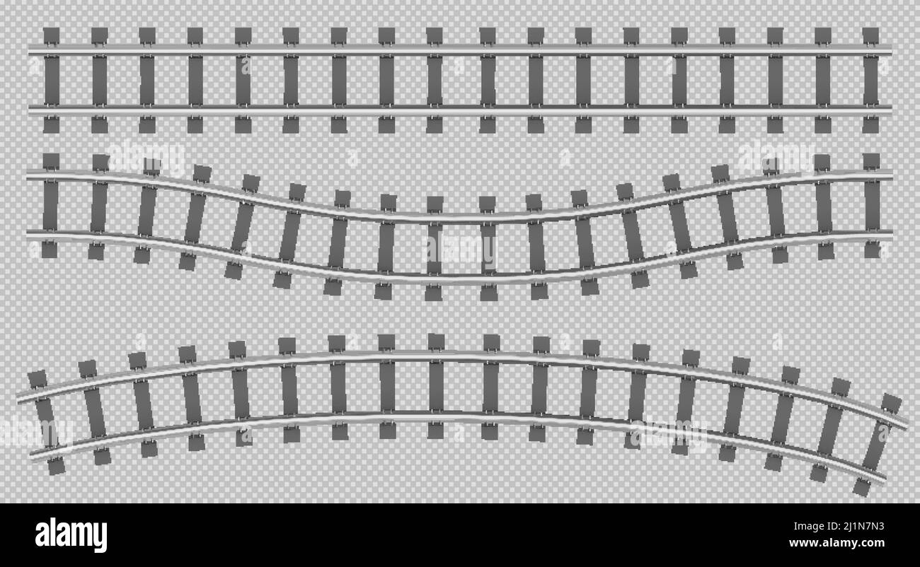 Rails de train vue de dessus, voie de chemin de fer, chemin droit, courbe et ondulé, traverses en acier pour métro, construction de transport logistique isolée sur le transp Illustration de Vecteur