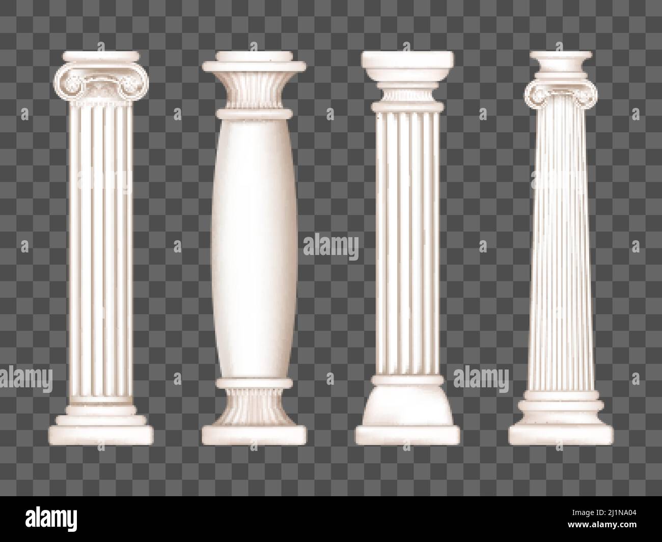 Colonnes romaines anciennes, décoration en marbre. Vecteur réaliste antique pierres blanches grecques avec des capitales dans doric, corinthian, ionique et toscan St Illustration de Vecteur