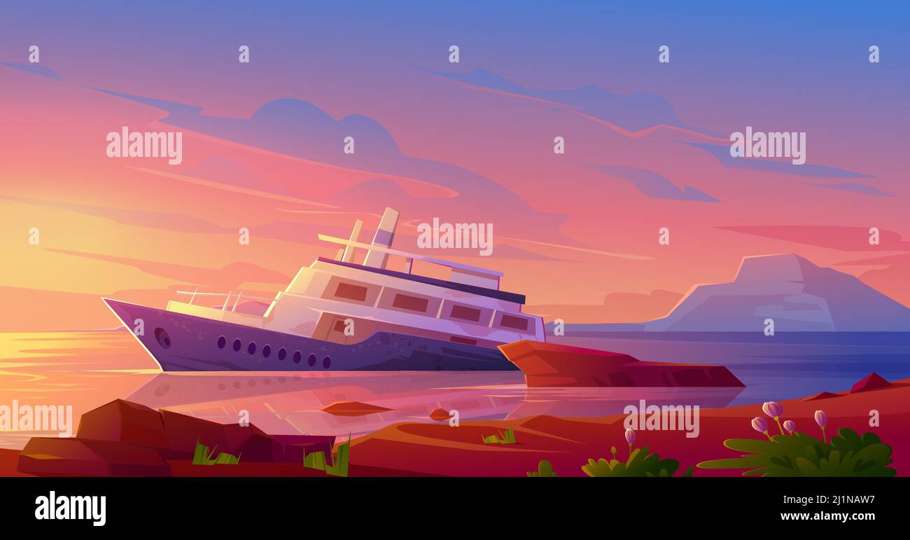 Bateau de croisière en contrebas dans le port océanique au coucher du soleil. Illustration vectorielle du paysage tropical d'été avec un vieux paquebot qui coule dans l'eau de mer A. Illustration de Vecteur