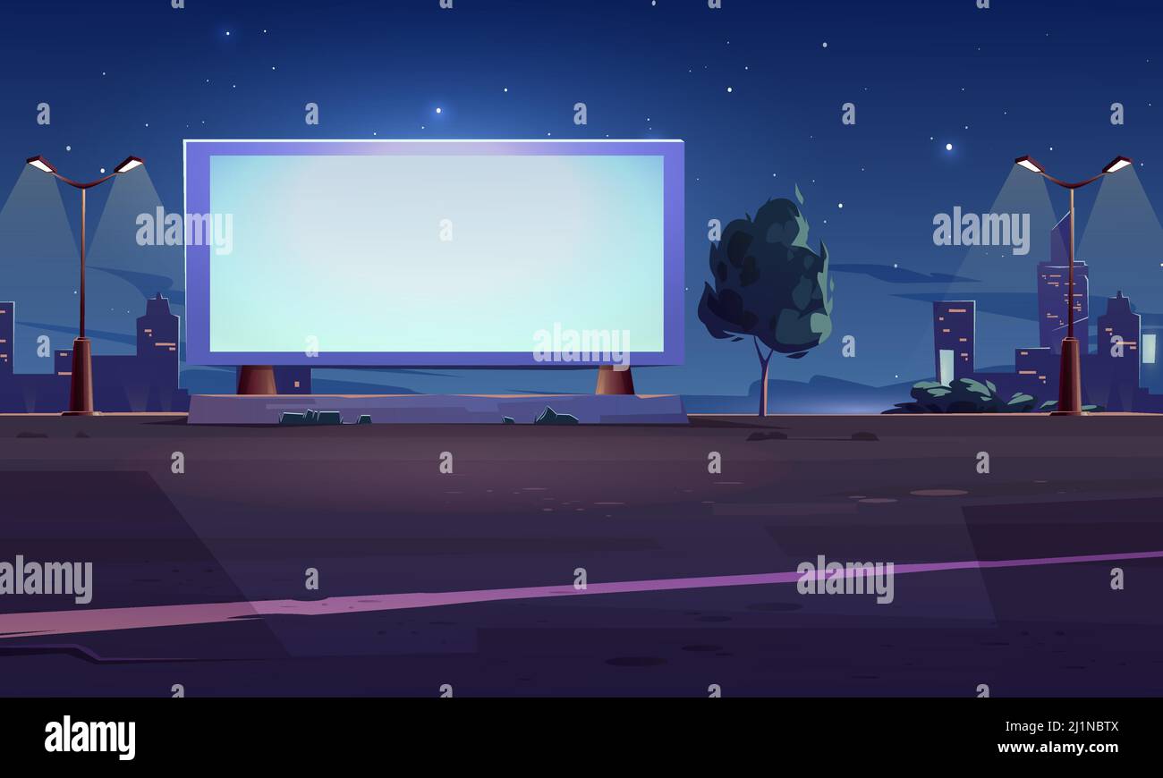Panneau d'affichage vierge sur le bord de la route avec des feux de rue lumineux sur fond de paysage urbain nocturne. Écran LCD blanc vide pour la présentation vidéo publicitaire Illustration de Vecteur