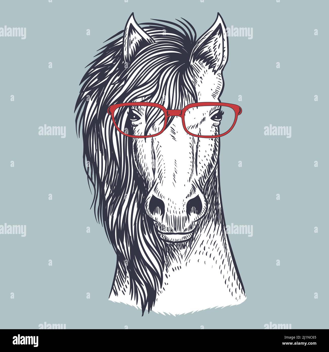 Cheval sourire tiré à la main portant des lunettes rouges Illustration de Vecteur