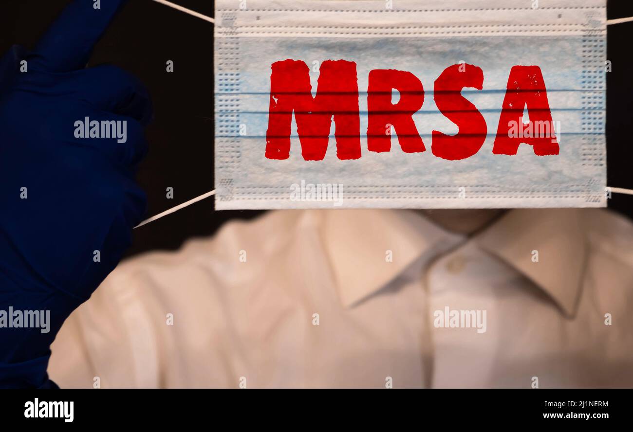 Les mains du médecin en gants bleus montrent le mot Staphylococcus aureus résistant à la méthicilline SARM. Concept médical. Banque D'Images