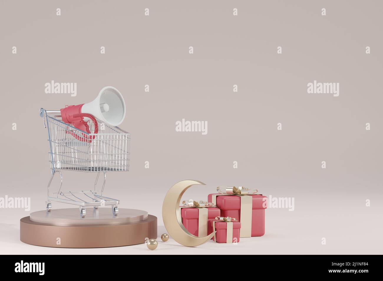 Affiche islamique podium décor avec canon, lanterne, croissant, Ramadan Kareem, Mawlid, Iftar, Isra Al-Miraj, Eid Al-Fitr, mégaphone Banque D'Images