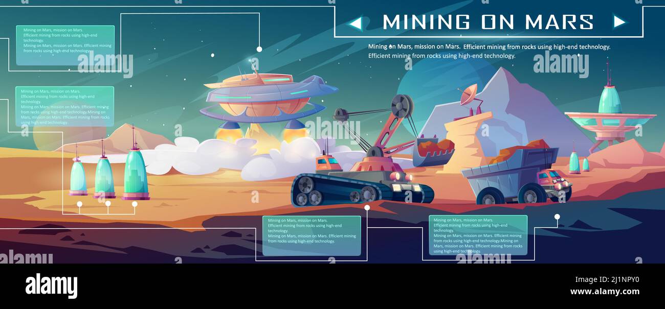 Exploitation minière spatiale sur Mars. Paysage de surface de planète extraterrestre avec machines de construction, pelle hydraulique et camion. Infographie de vectorisation de l'exploration et Illustration de Vecteur